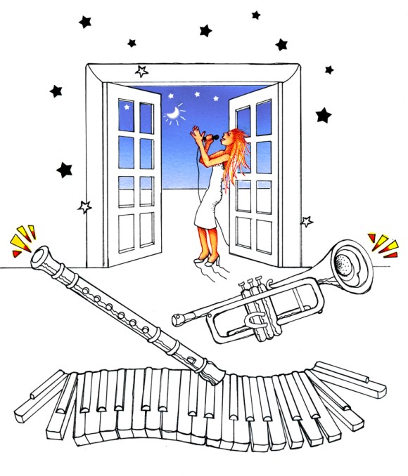 "Night music" Original pen and ink, airbrush illustration by Debbie Stevens